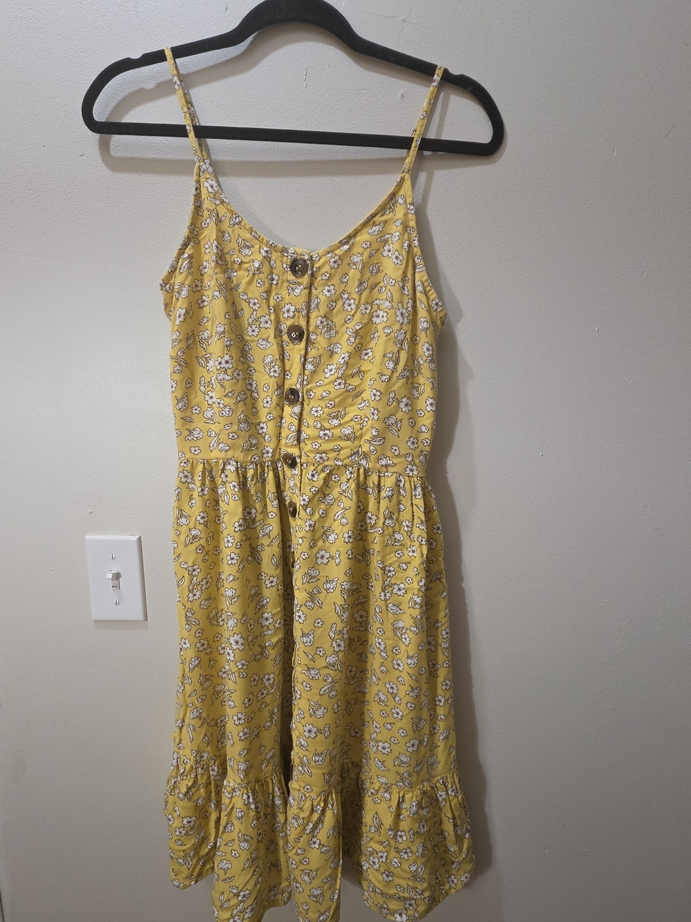 Butter Yellow Floral Button-Front Aline Short Smocked Minidress Sundress Size M